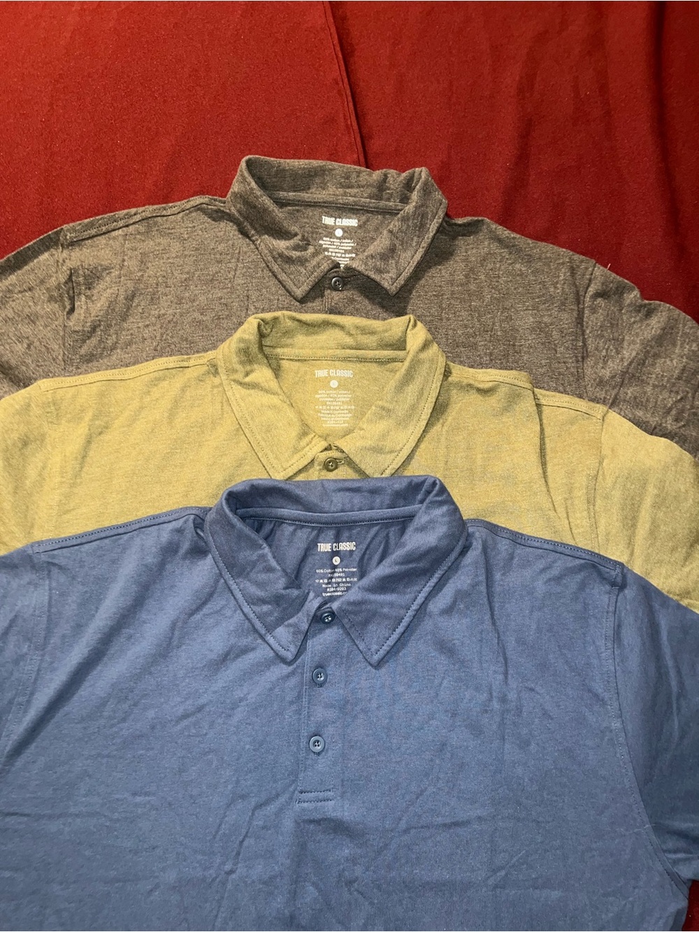 TRUE CLASSIC Polo Shirt - 3 pack slate blue,light olive green, charcoal size Lar